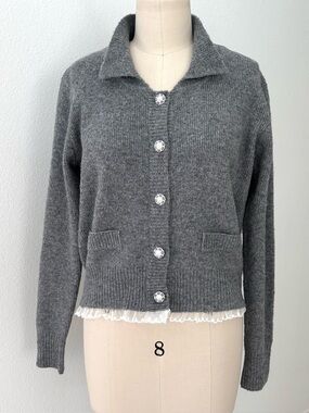 Lea & Viola Knit Cardigan Sweater NWT Heather-Gray Pearl Buttons Lace Trim L
